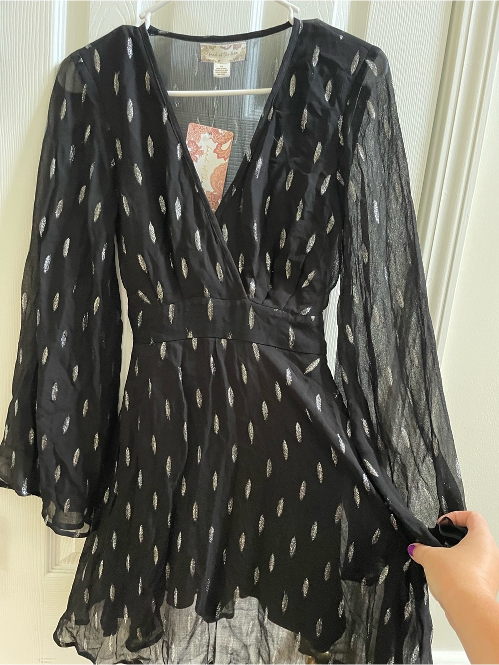 Black Metallic Accent Long Sleeve Wrap Dress